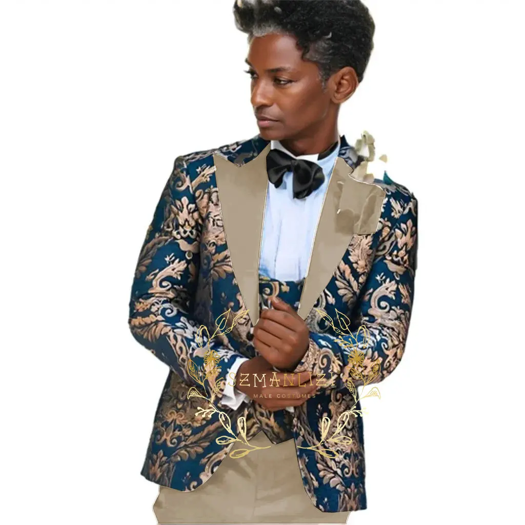 Handsome Suits For Men Navy Blue Gold Floral Costume Homme Mariage 3 Pieces Men Suit Set Tailor Made Formal Tuxedo For Men