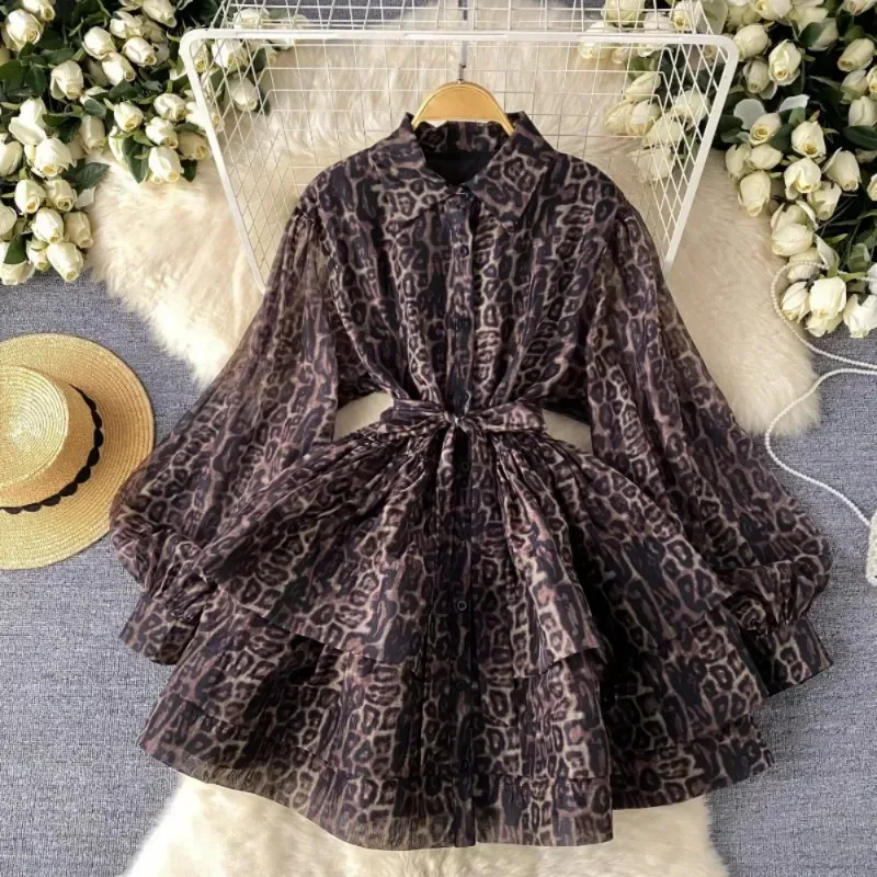 Vintage Casual Leopard Print Dress Turn-down Collar Lantern Sleeve Belt Slim Wasit Robe Cascading Ruffles A-line Vestidos