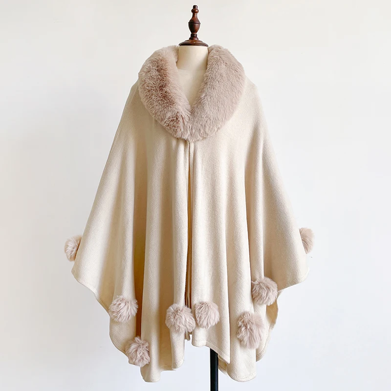 شتاء جديد رشاقته صوف المنك الزخارف الكاملة فو الفراء الرأس-قلنسوة فضفاضة المرأة الصوف عباءة معطف فستان الحفلات يلتف الدافئة