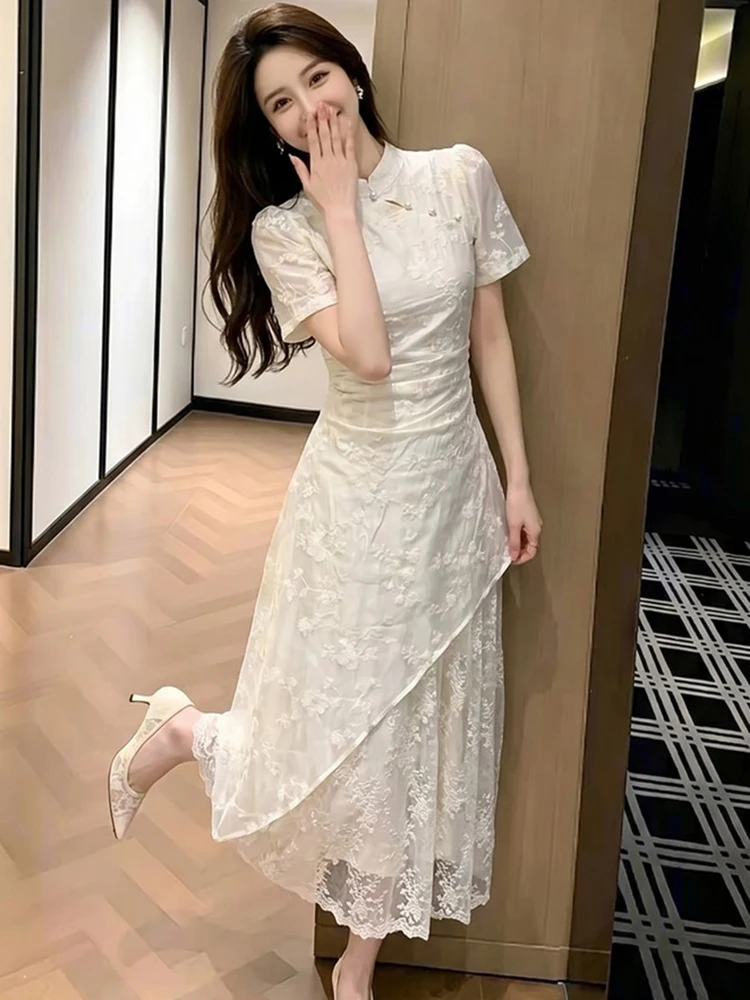 White Jacquard Patchwork Ruffled Women's Long Dress Summer Short Sleeve Stand Collar Dress 2026 Korean Elegant Bodycon Vestidos