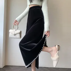 Autumn Winter Black Velvet Skirt Women's Elegant Casual Long Skirts For Ladies Elastic Waist A-line Beaded Skirt Korean Fashion