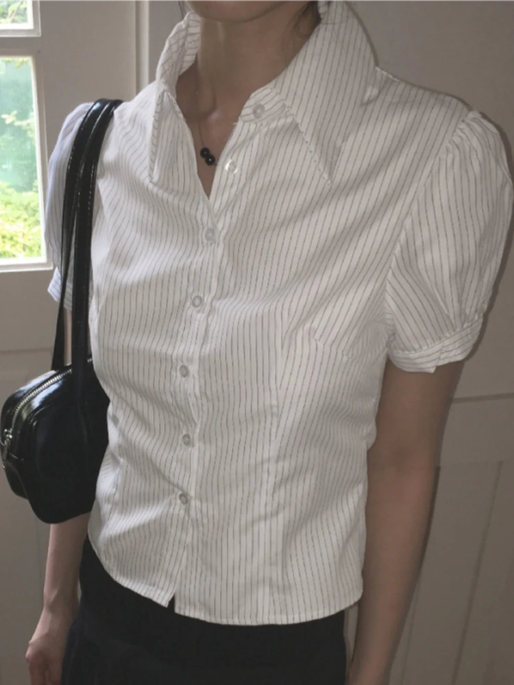 Retro japanisches Sle-gestreiftes Splice-Taillendesign Bubble Sve ort Sve irt für junge Mädchen Pendeln Sle Slim Fit Poly...