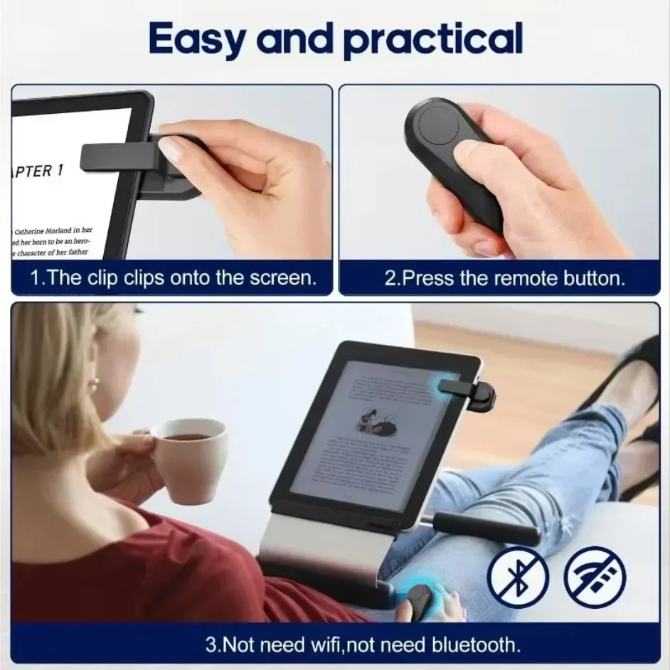 2.4G Page Turner Remote Control Long Standby Type-C Rechargeable Clip Mute Button for Kindle Paperwhite Kobo E-Reader Tablet