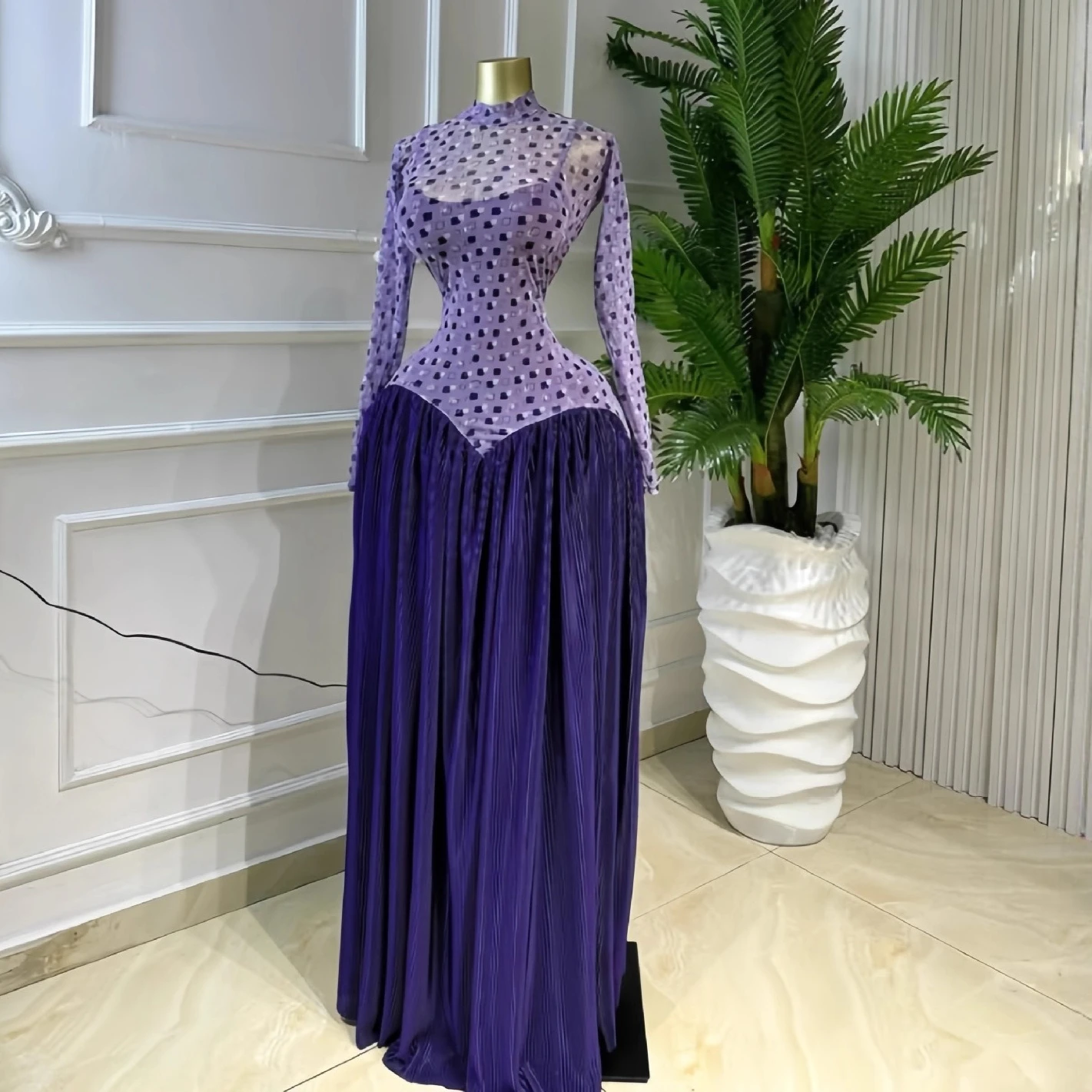 Women Dresses Spliced Dress Pleated Stand Collar Long Sleeves Ankle Length Empire Waist Slight Strech Slim Elegant 2026 Summer