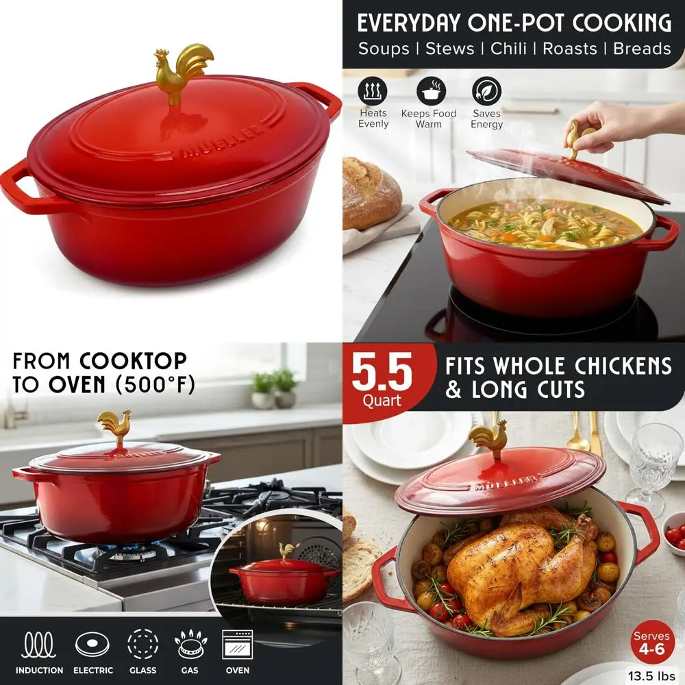 

Эмалированная чугунная овальная голландская духовка емкостью 5,5 литра, сверхмощная посуда, ручка петуха, безопасная для духовки до 500 ° F, подходит для всех приготовления меня