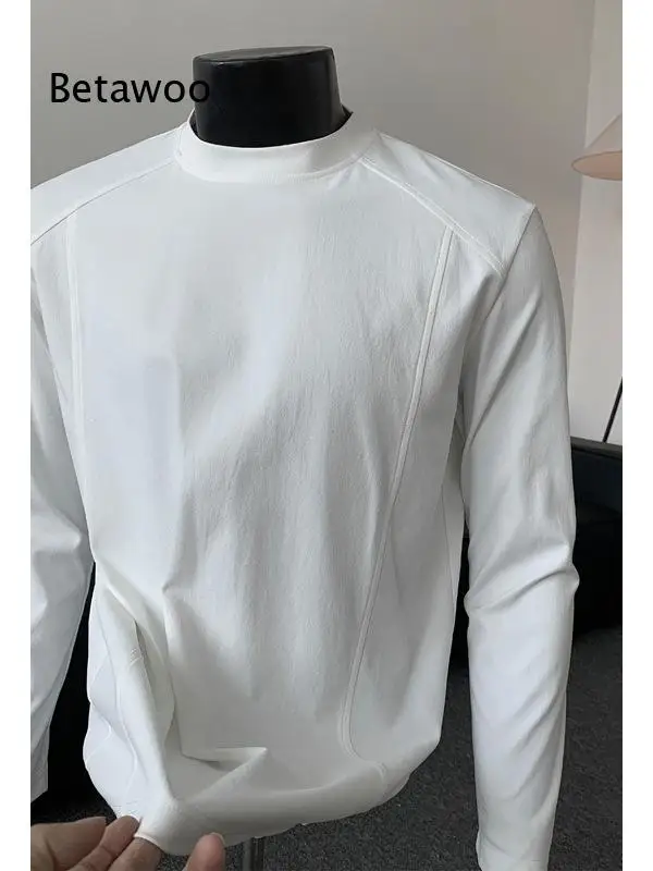 Autumn Mens White Small Neckline Set In Shoulder Long Sleeve Top Clean Fit Style Inner Undershirt For American Casual Daily Mat