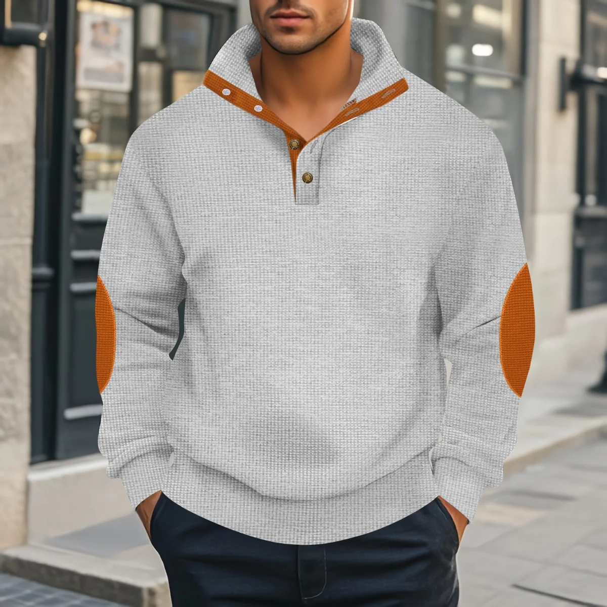 Men's Autumn 2025 Waffle Fabric Pullover Sweatshirt Casual Standing Collar Long Sleeve with Colorful Collar New Style