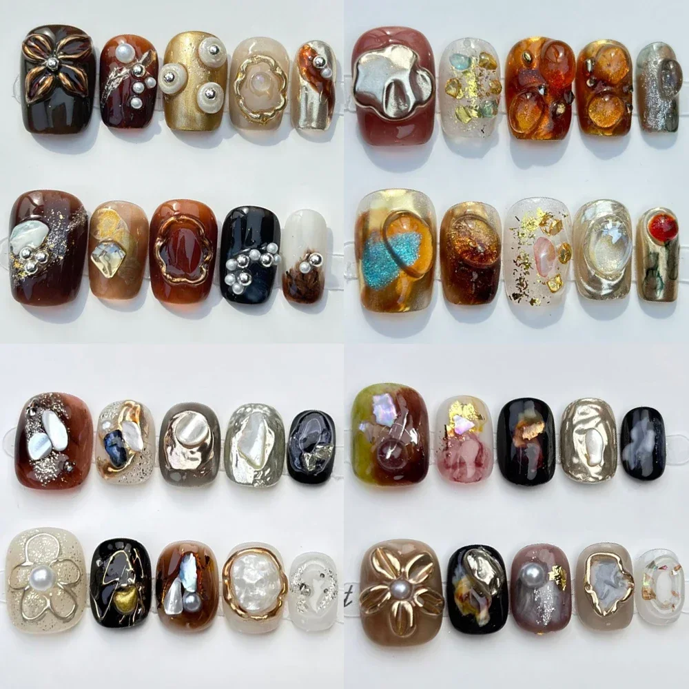 

High Quality Short Square Round Handmade Maillard Press On Nail Light Luxury Diamond Pearl Flowers Wearable Full Cover Fake Nail