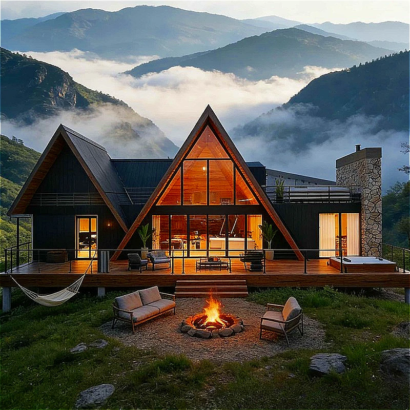 Wood AFrame Chalet Prefabricated Cottage Triangular Wood Building Lakefront Retreat Glamping Eco Resort Design Price Customized