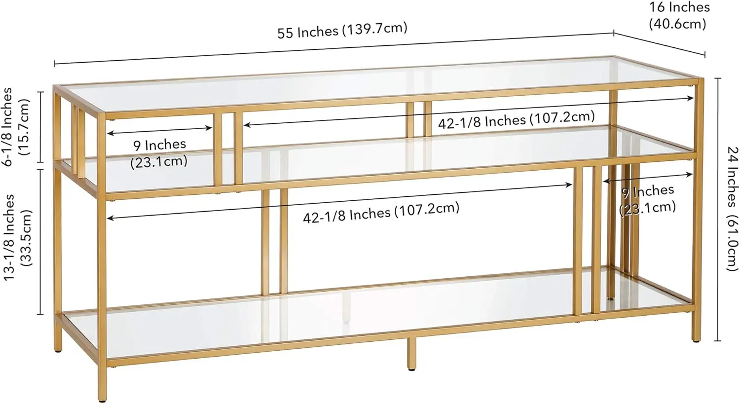 Rectangular TV Stand with Glass Shelves for TV's up to 60" in Brass, TV Stands for the Living Room