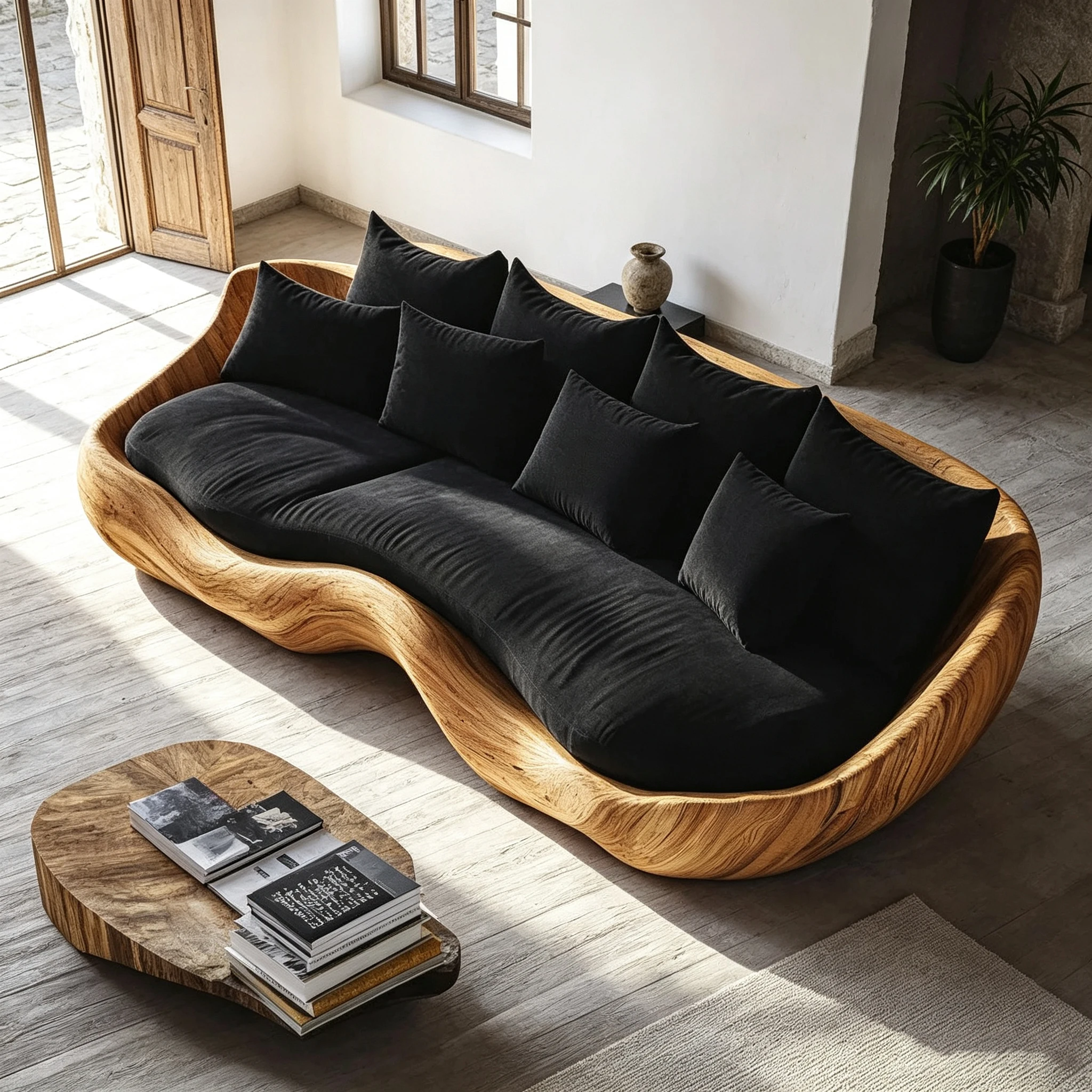 G*-Curved Multi-Seater Sofa with Fiberglass Wood Grain Frame and Fabric Upholstery with Decorative Pillows