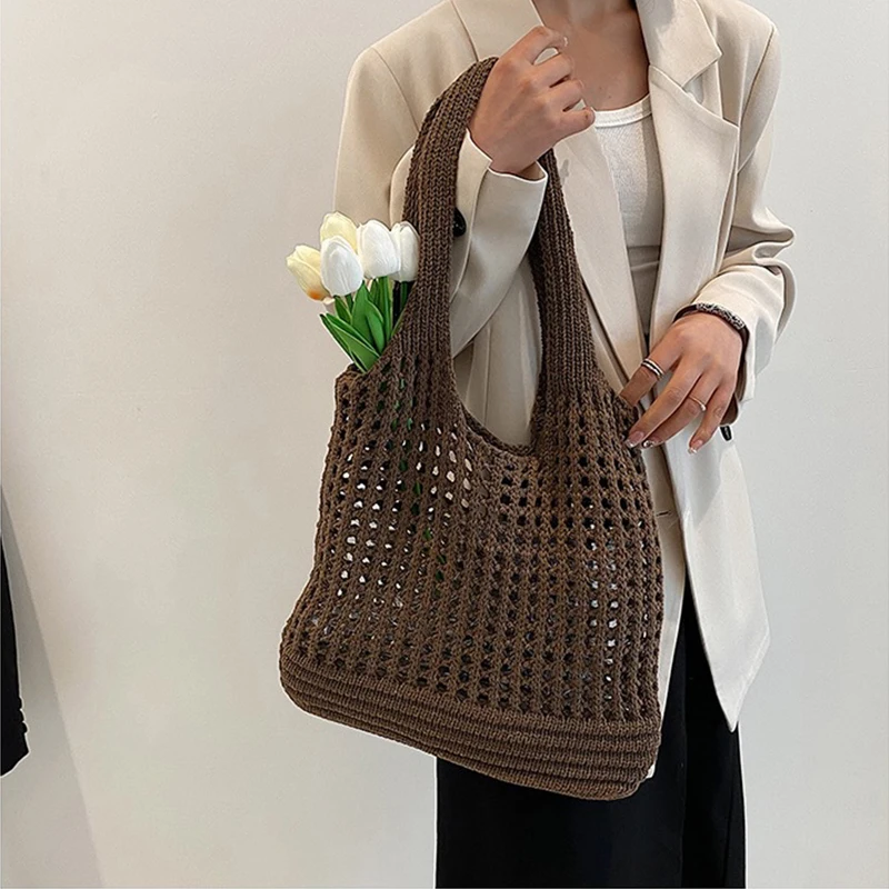Vintage Hohl Design Gewebt Frauen Schulter Tasche Stricken Große Kapazität Handtaschen Sommer Reise Shopper Tote Für Damen Strand Taschen – Detail 6