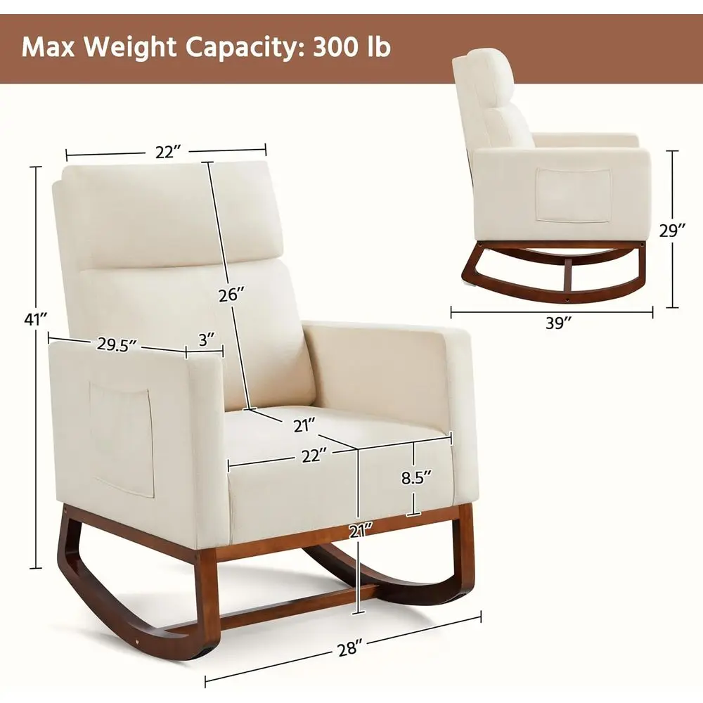 28in Wide Padded High Back Nursery Rocking Chair, Beige Polyester | Thick oam Glider Chair, Nursing Chair with High Back, Side k
