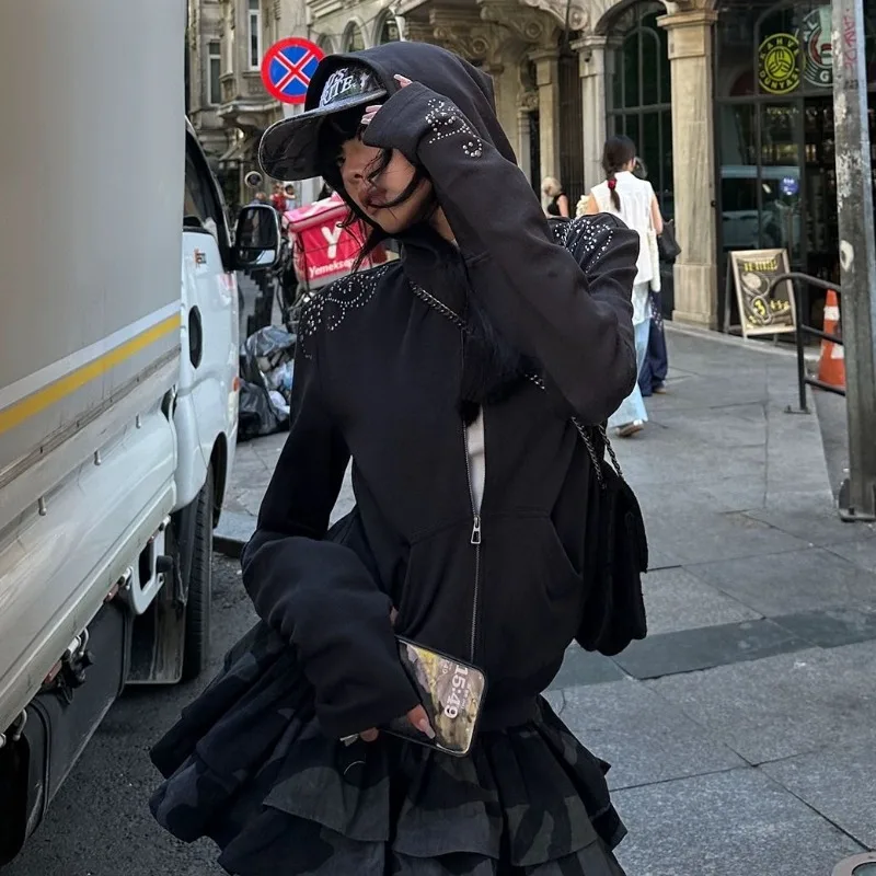 ديبتاون الأسود الجمالية حجر الراين المرأة هوديس الشرير Harajuku خمر سحاب أكمام طويلة بلوزات ضئيلة الجرونج الشارع الشهير #2