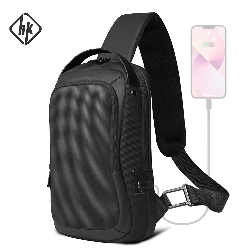 HK Large Capacity Crossbody Shoulder Bag For Men Business Chest Bags Fits in 11 Inch Pad Travel Sling Bag With USB Charging Port