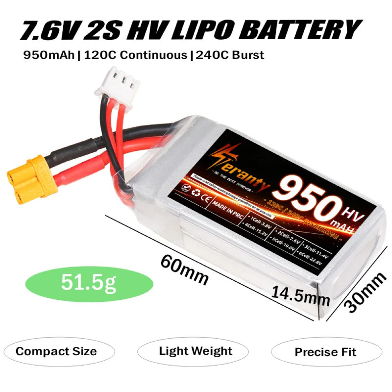 2S HV 7.6V Teranty 950mAh 120C High Discharge LiPo Battery T XT30 XT60 JST‑Plug For FPV Racing Football Drone RC Multirotor