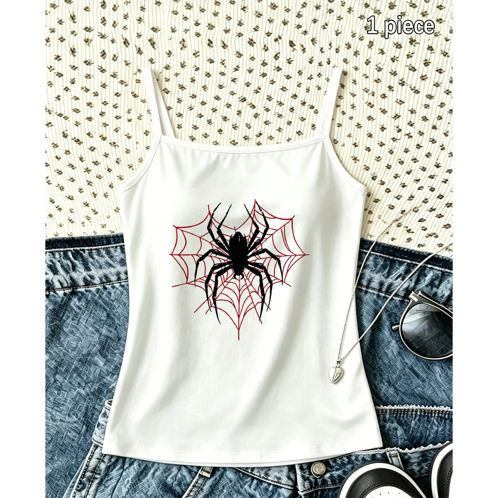 Spooky Web Cami Women Black Spider Print Tank Top Sleeveless Vest Summer Trendy Fashion Cool Daily Wear Halloween Art Style Tee