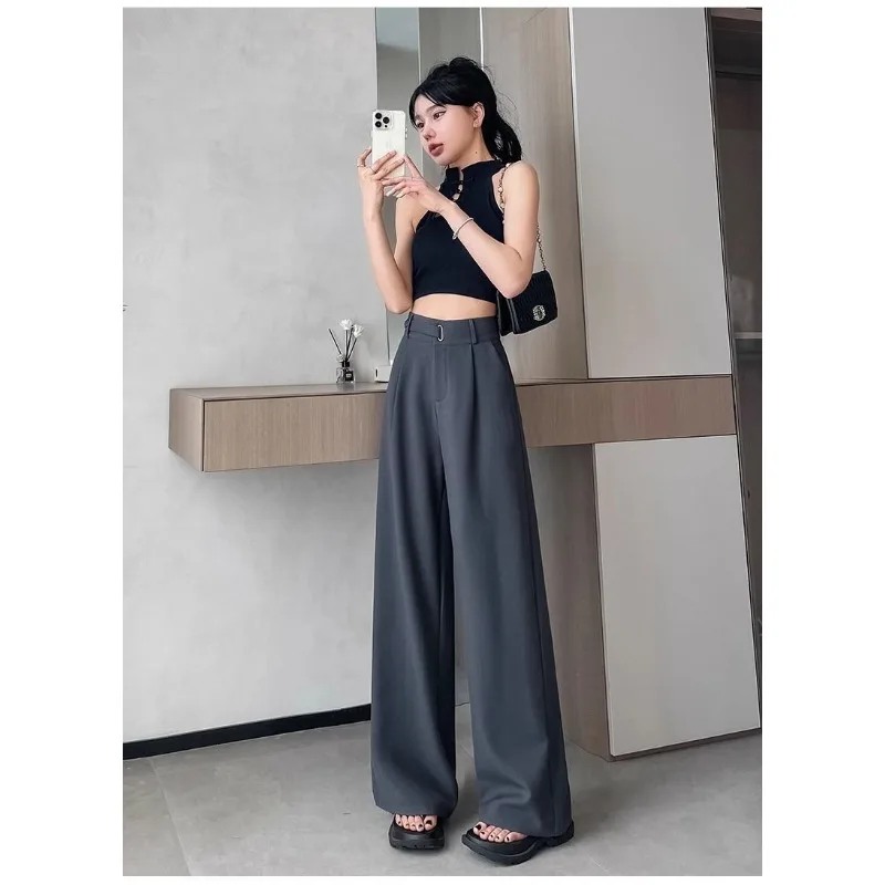 Womens Gray High Waist Suit Pants Loose Narrow Straight Wide Leg Trousers Draped Business Casual For Spring Autumn