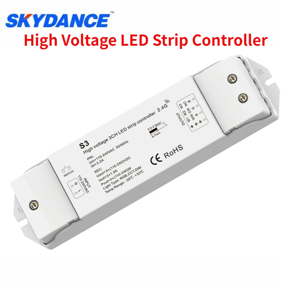 

110-240VAC High Voltage LED Strip Controller 3CH*1A 3in1 Function Used For Control Single Color RGB CCT High Voltage LED Strips