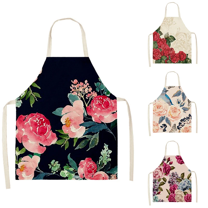 1 piece floral print linen apron for men and women kitchen cooking baking anti-stain apron home cleaning tools