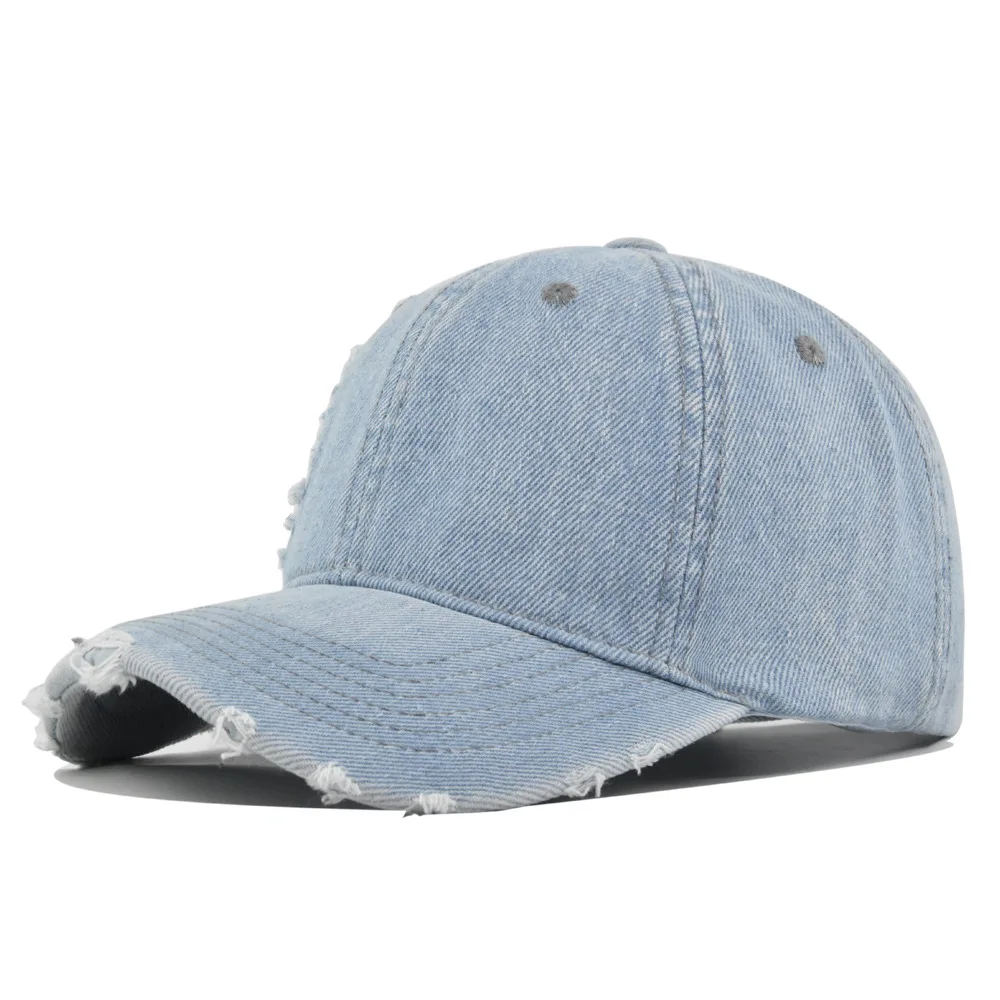 American-Style Irregularly Patched Denim Baseball Cap With Holes. Suitable for Various Styles Such as Casual and Korean Style.