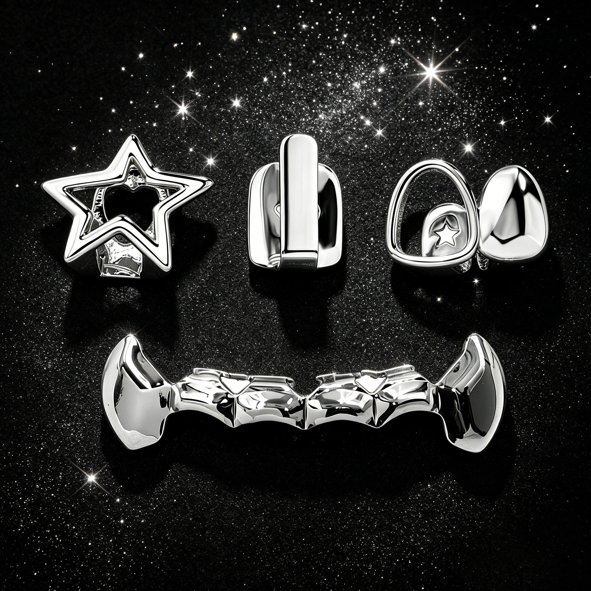 TOPGRILLZ Hip-Hop-Rapper-Accessoires, 4-teiliges Grillz-Set, vergoldete Grillz, hohler Stern, offener Zahn, Einzelzahnschmuck für Männer und Frauen – Detail 3