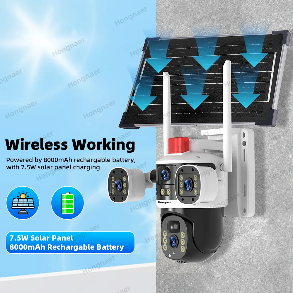 Hongnaer 8MP 4K WiFi/4G لوحة طاقة شمسية لاسلكية تعمل بالطاقة HD PTZ IP CCTV عدسة مزدوجة الأمن 4G بطاقة Sim كاميرا تعمل بالطاقة الشمسية