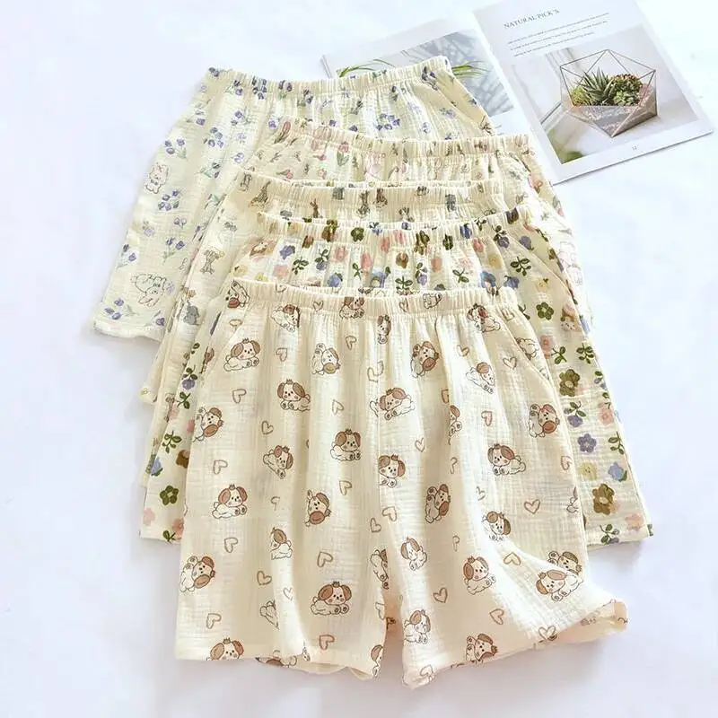 

Summer Thin Cotton Cute Sweet Cartoon Flower Bear Printed Loose High Waisted Home Shorts For Pama Women Sleepwear Pants
