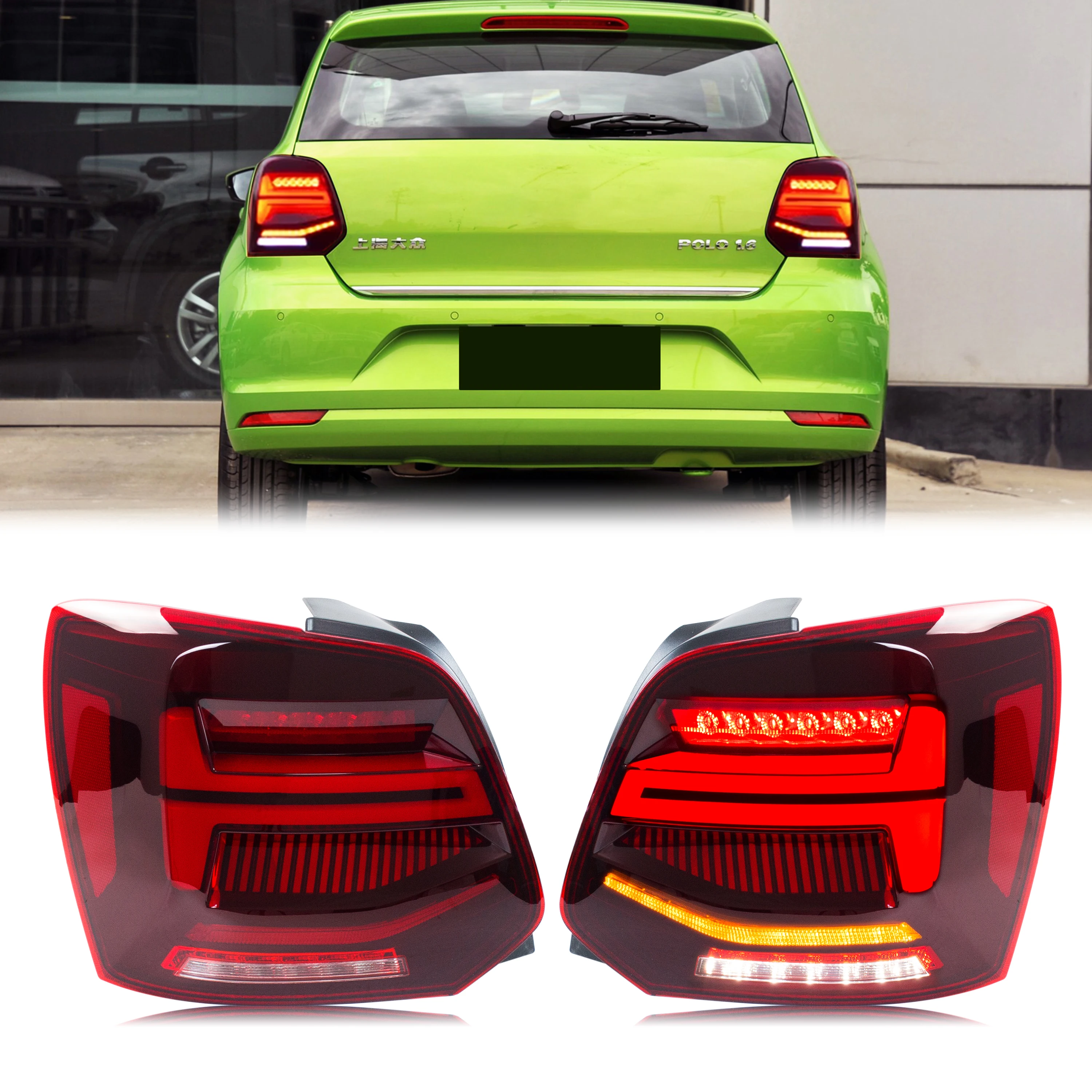 LED-Rückleuchten-Set für Volkswagen VW Polo 5 6R 6C 2009-2017 mit Sequentiellem Blinker und Nebelschlusslicht, Rote Heckleuchten-Einheit
