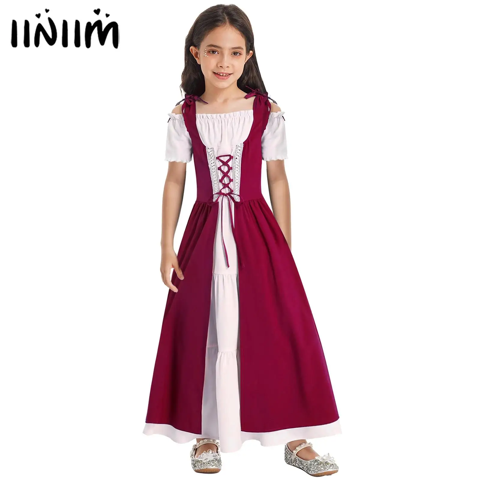 Kids Girls Medieval Renaissance Royal Princess Costume Short Sleeve Lace-up High Waist Ruffle Vintage Retro Robe Gown Maxi Dress