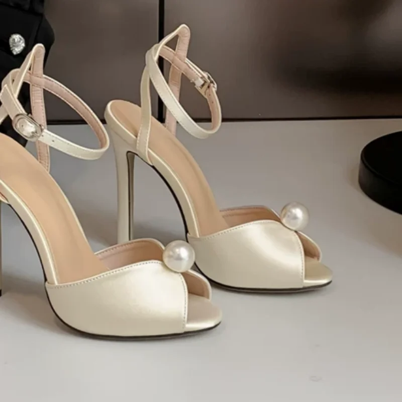 

String Beadings Shoes for Womens Fish Mouth Toes High Heels Ankle Strap Chassure Femme Sewing Lines Zapatos Mujer Belts Buckle