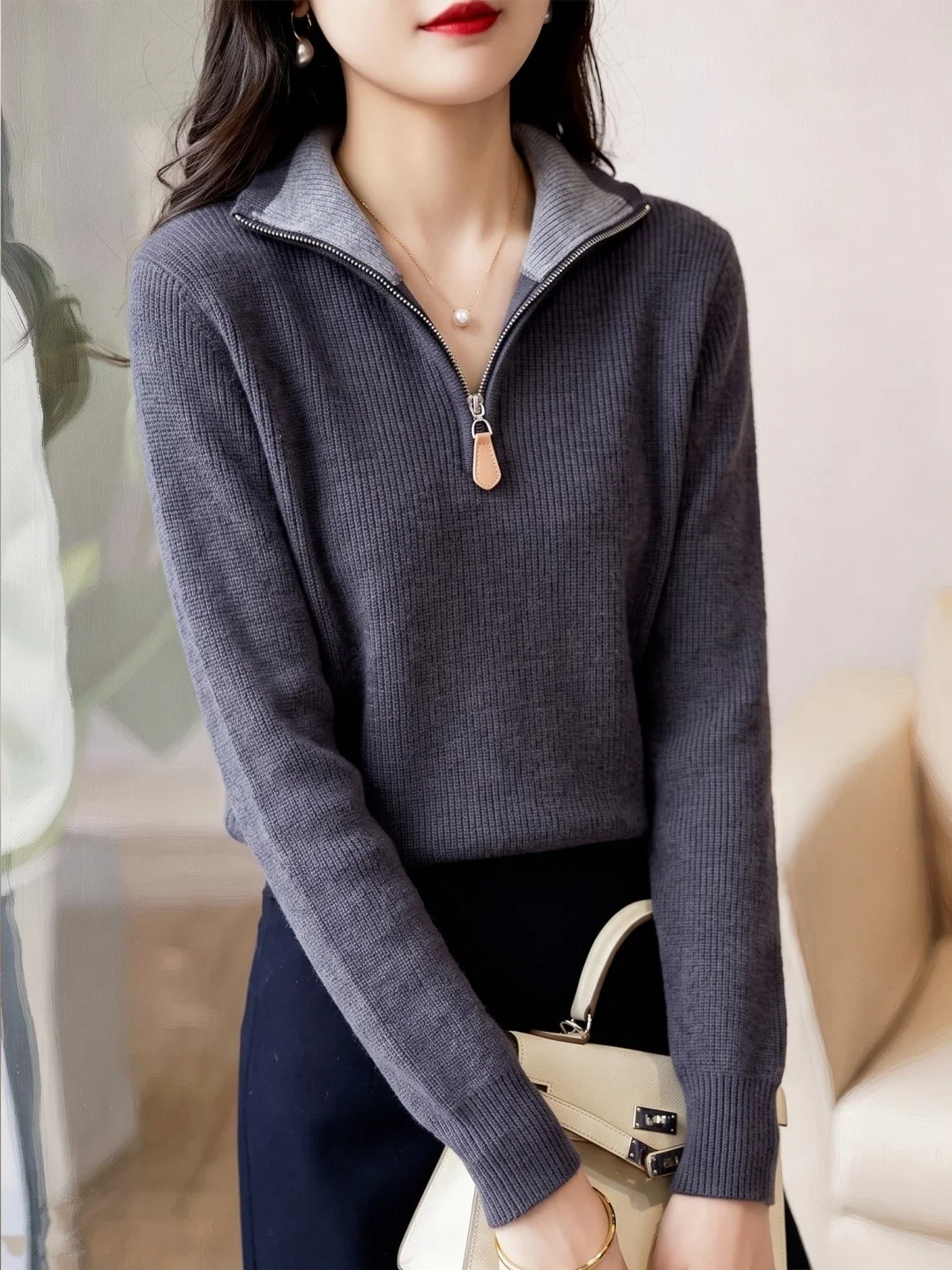 Laid-Back Chic Half-Zip Knitwear Long Sleeve Loose Slimming Base Layer Top Anti-Aging Korean Style Regular Fit Autumn New Arr...