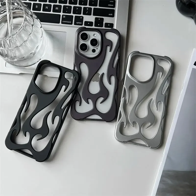 New 3D Flame pattern Hollow Slim Phone Case for iPhone 17 16 15 14 13 12 11 Pro Max Plus 17 Air Shockproof Protective soft Cover - náhled 5