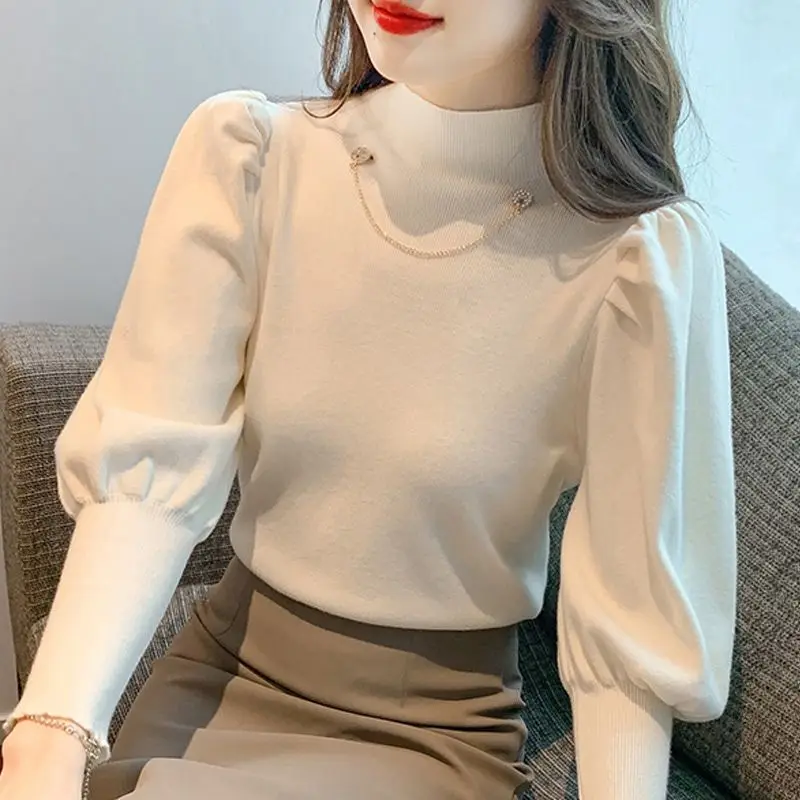 2023 New Women\'s Clothing Solid Color Knitted Coat Autumn Winter Half High Collar Long Sleeve Puff Sleeve Slim Tops