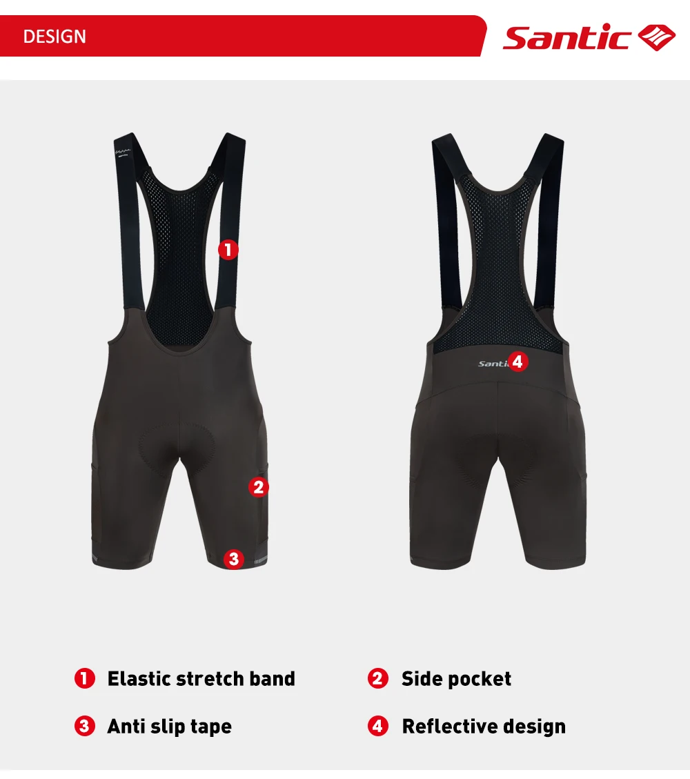 Santic Herren-Rad-Trägerhose, Sommer, atmungsaktiv, schnell trocknend, 5 Stunden stoßfest, gepolstert, für MTB/Rennradfahren, kurze Hose mit Taschen – Detail 5