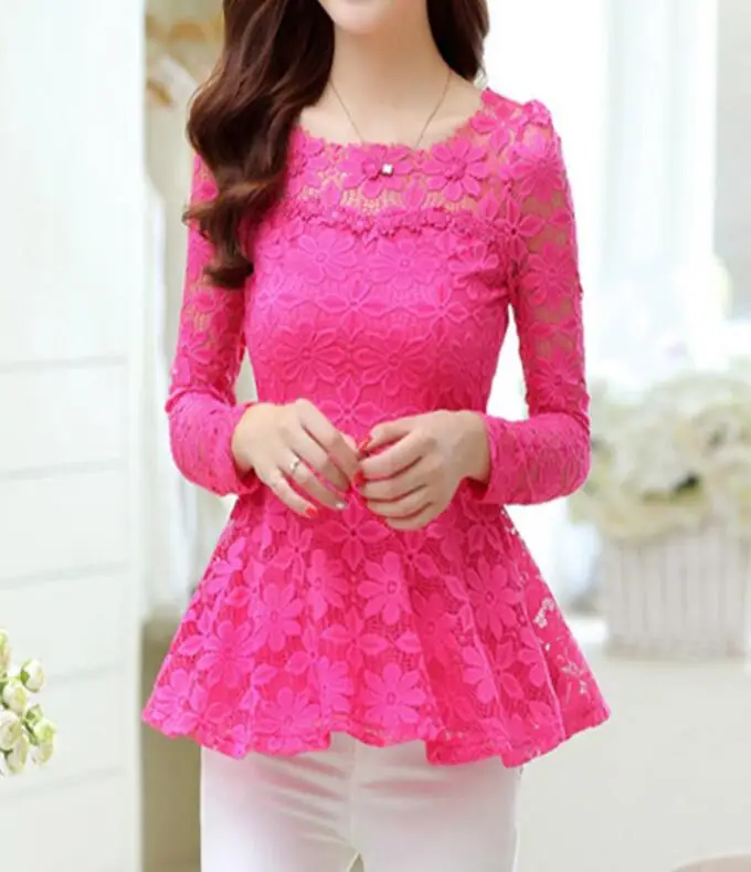 Plus size S-5XL New Women Long-sleeved Lace Shirt Slim High Waist Hollow crochet Flower Lace Blouse