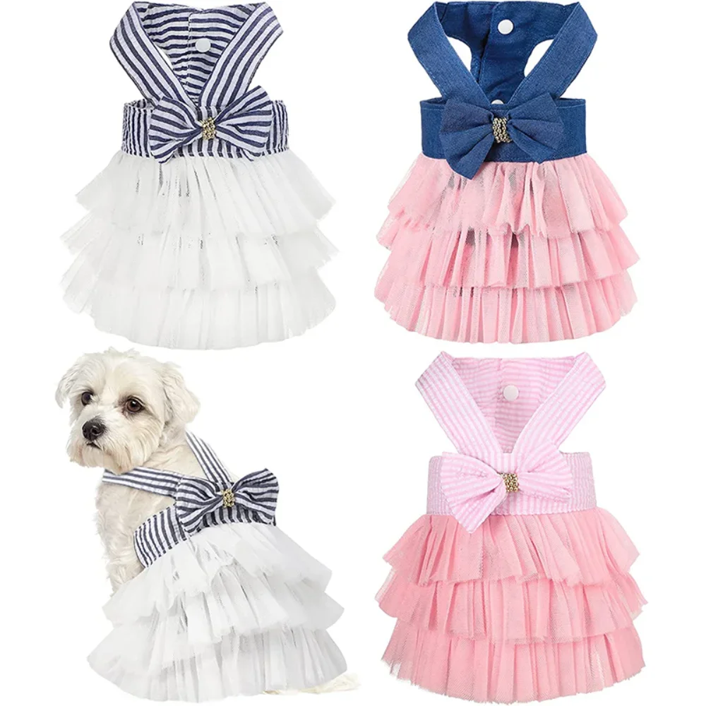 Dog Princess Dresses Puppy Clothes Bow Knot Dress Pets Tutu Dresses Striped Summer Puppy Dress Girl for Small Medium Cat Dogs