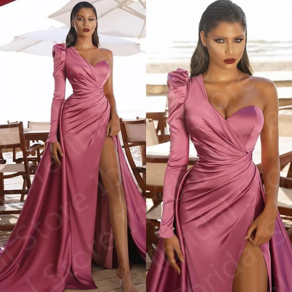 

Classic New High Thigh Slit Evening Dresses Pink Wedding Guest Gowns Single Long Sleeve Prom Party Sweep Train On Sale