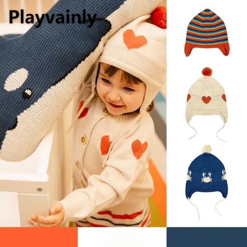 

Children's Knitted Hat 2025 New Autumn Winter Boys Girls Warm Windproof Cute Heart Stripes Ear Flap Cap Kids Accessories A5377