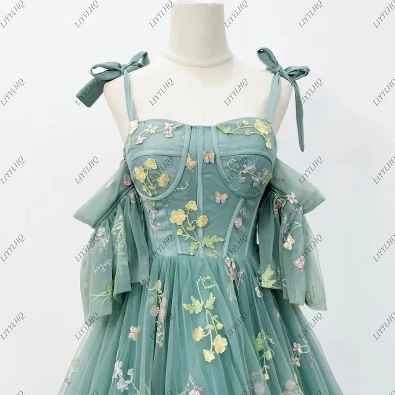 

Women Shinning Light Green Prom Dresses Pretty Lace Applique Detechable Short Puff Sleeves Spaghetti Strap Formal Party Dress