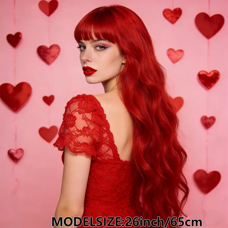 Best-selling red long wavy 26-inch synthetic wig - Halloween cosplay costume wig - everyday party wig - hot wire wig set