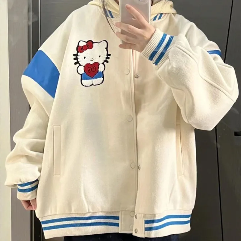 サンリオハローキティ刺繍入り野球ジャケット、ルーズカジュアルカップルコート、アメリカンスタイル、トレンディなレディースコート、秋冬