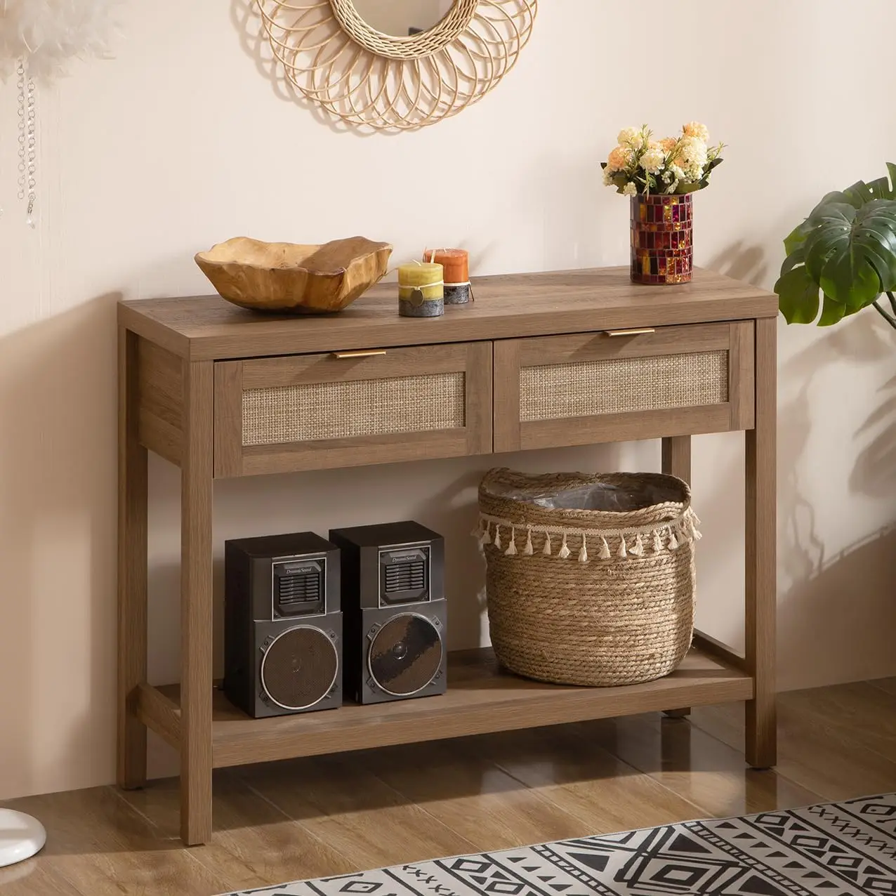 

Boho Rattan Entryway Table with Drawers - Small Console Table for Hallway Storage