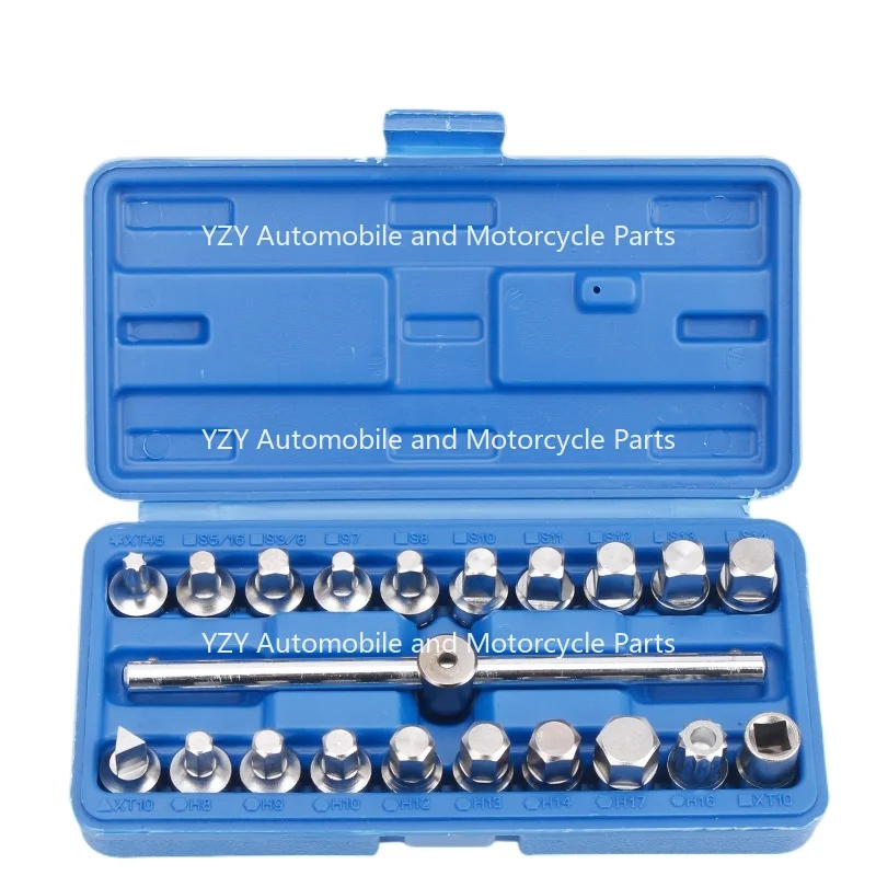 

Suitable for 21PCS Oil Drain Pipe Plug Socket Set Oil Pan Screw Sleeve Wrench 3/8-Inch drive Sliding T-bar Removal Kit