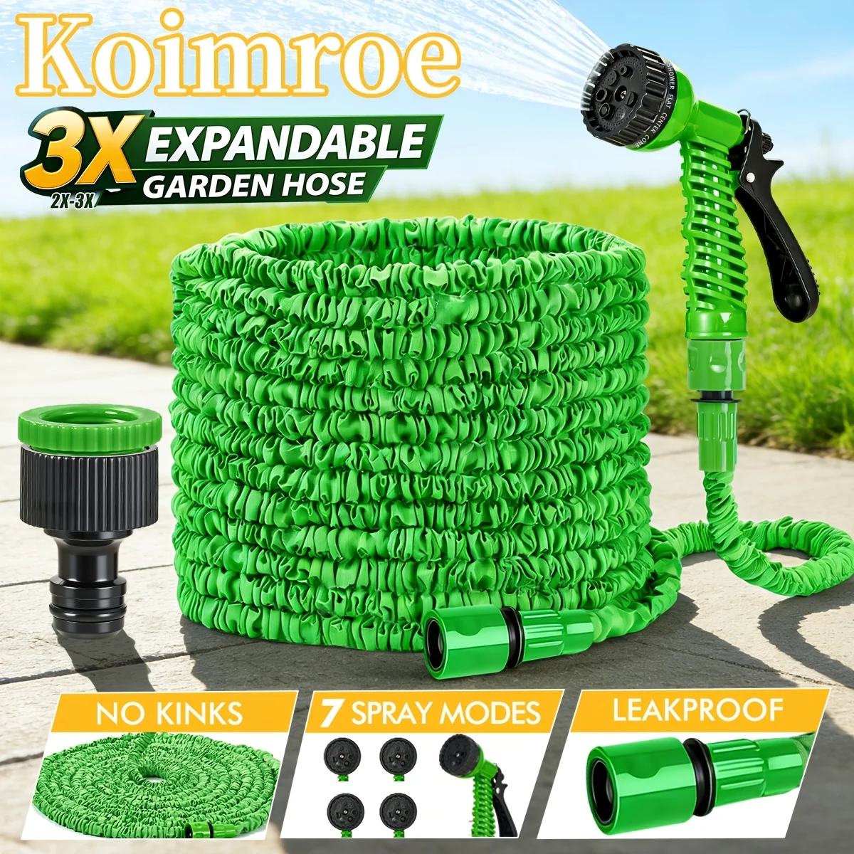 Flexible Hose Braided - Grüner Ausziehbarer Gartenschlauch 15,2–61m, 7-Muster-Sprühdüse, Flexibler