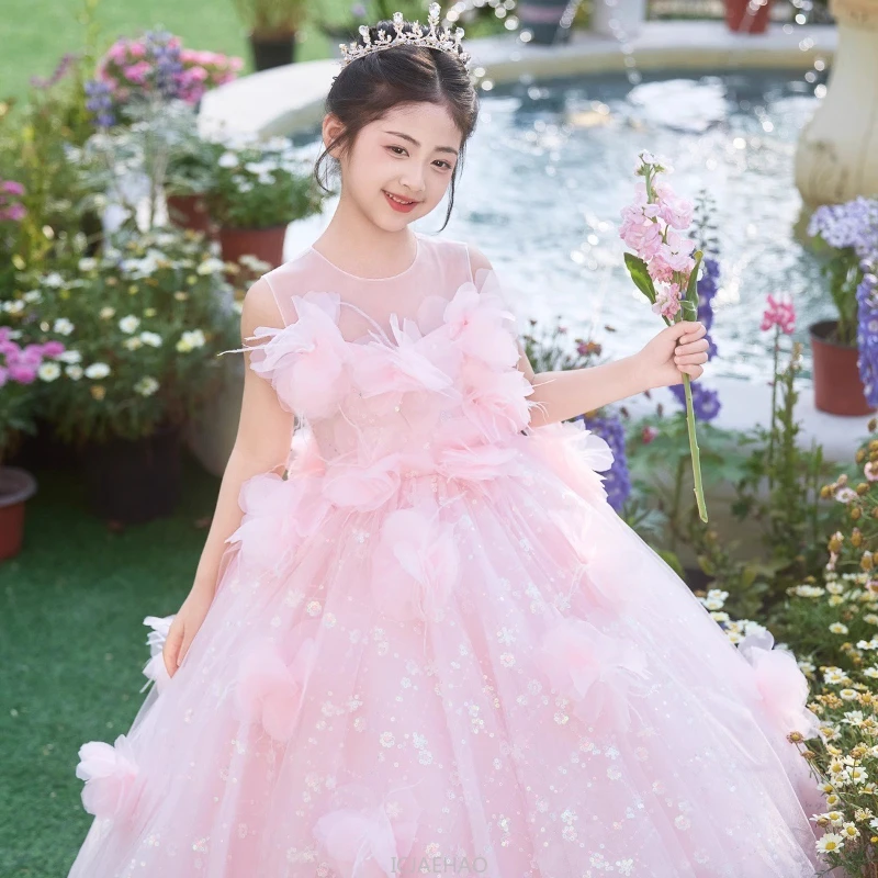 

Fashion Pink Girls Princess Fluffy Dresses Birthday Party Pageant Gown Fashion Costume Kids Performance Outfit Children Clothes