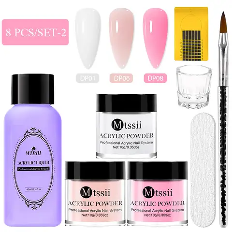 8pcs Nail Acrylic Powder Liquid Set Clear Nude Pink Monomer Liquid Set With Nail Brush For Nails Extension Carving Flower DIY