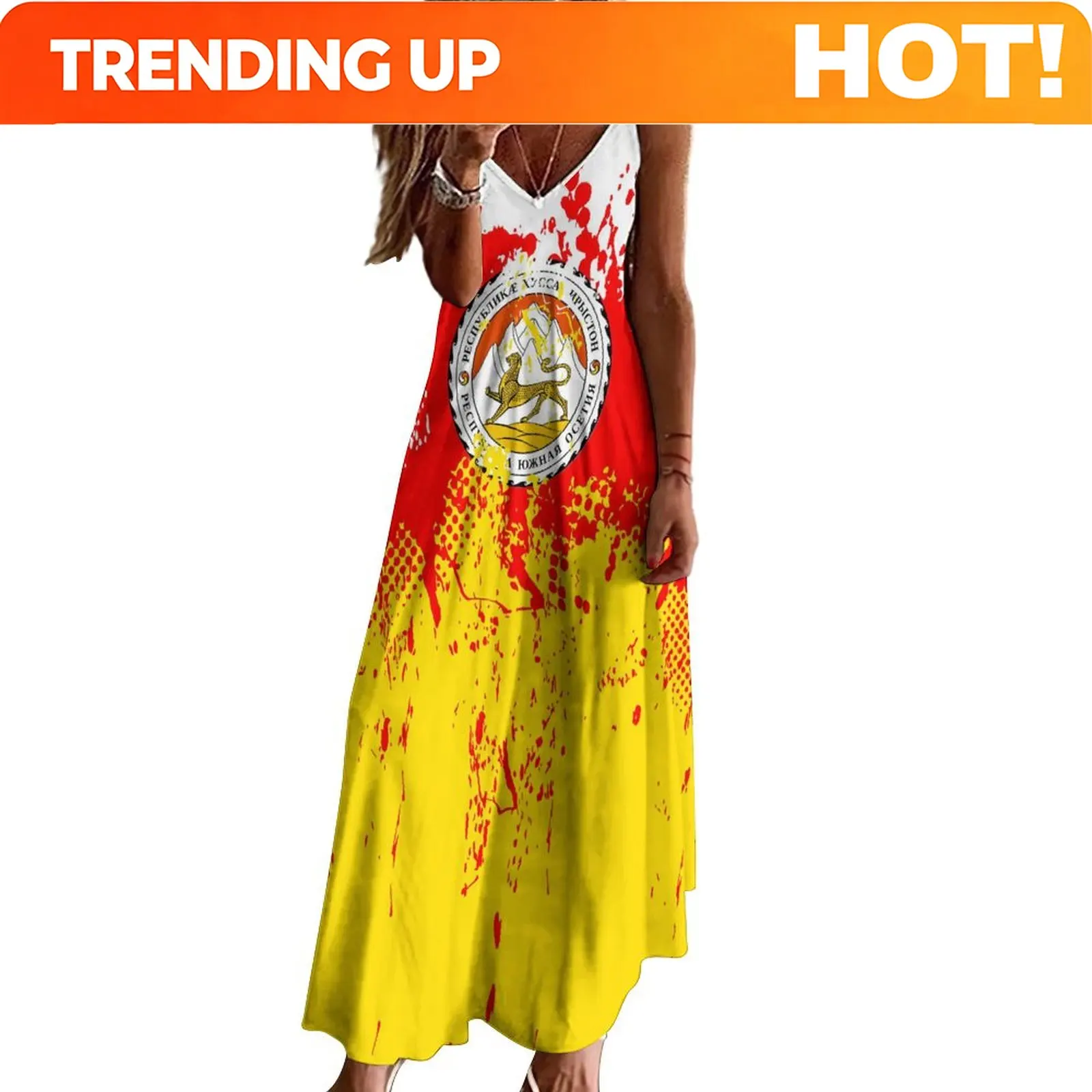 Custom Long Dresses Dress South Ossetia Flag Print New Casual Sleeveless Women's V-Neck Printed Dress Swing Retro Dresses