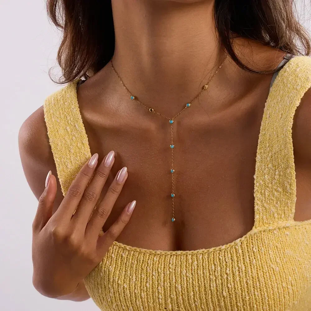 Gold Color High Quality Fashion Women Jewelry Long Y Lariat Sexy Necklace Paved Blue Turquoises