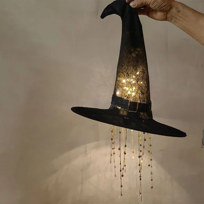 Lighted Witch Hat Hanging Chime, 2026Halloween Party Outdoor Ornament, Glowing Mesh Cascading Stars Tassels, Black Frame